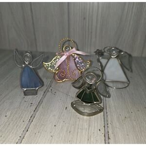 Vintage Stained Glass Angels Figurines Decorations Lot Of 3 White Green Blue